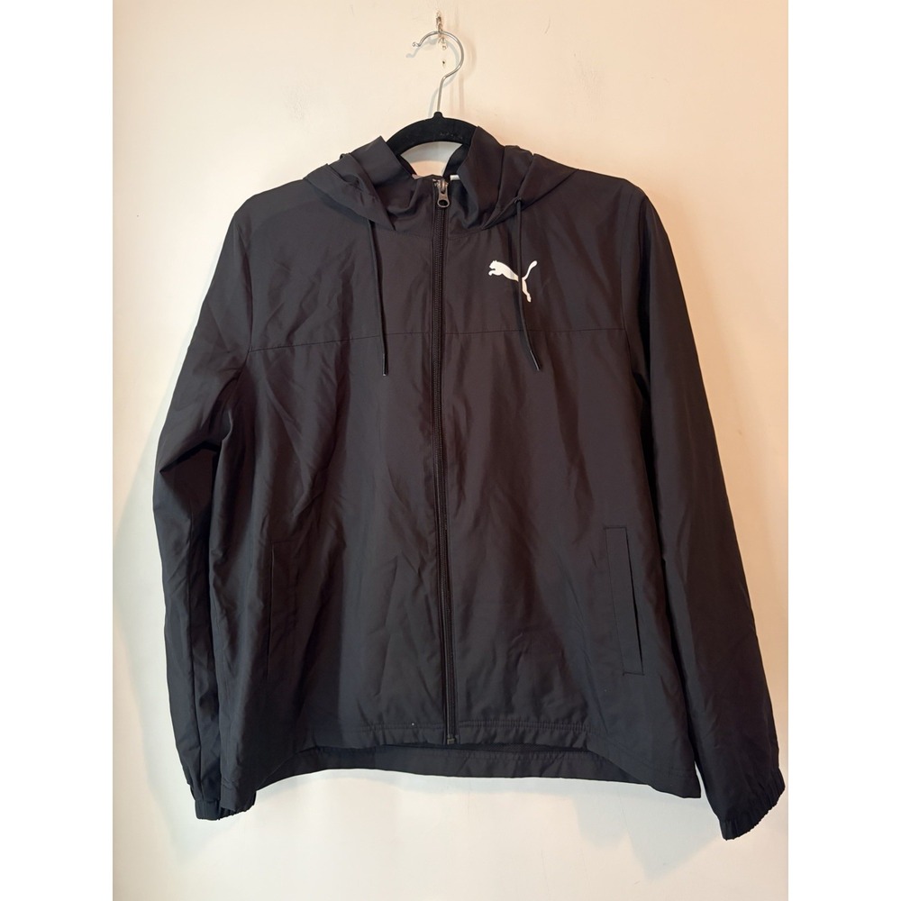 Puma Windbreaker Jacket Womans Medium Black Logo Hooded Mesh Lined‎ Lightweight